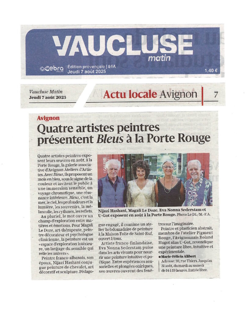 Article de presse de Vaucluse Matin à propos de l'expo "Bleus" à la galerie de la Porte Rouge le 07 août 2025