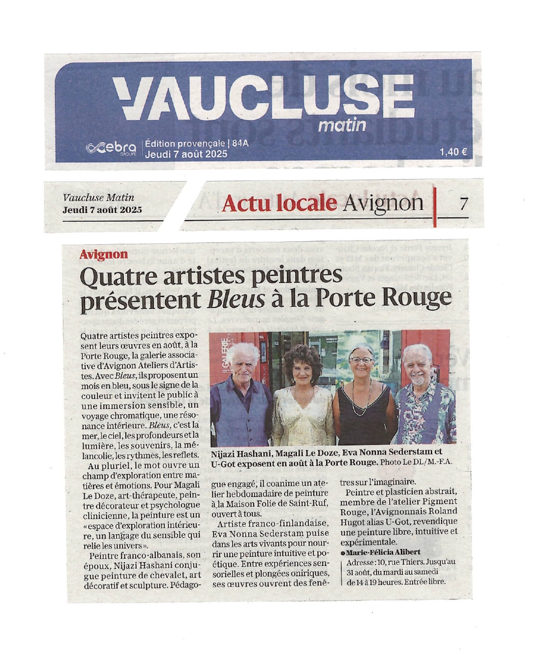 Article de presse de Vaucluse Matin à propos de l'expo "Bleus" à la galerie de la Porte Rouge le 07 août 2025